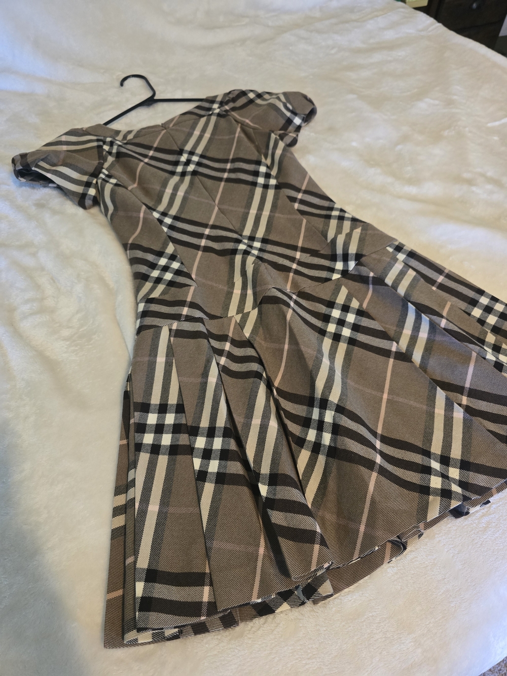 Authentic Burberry Brown Plaid Fit-and-Flare Wool Dress Classic Blue Label Dress - Picture 9 of 13